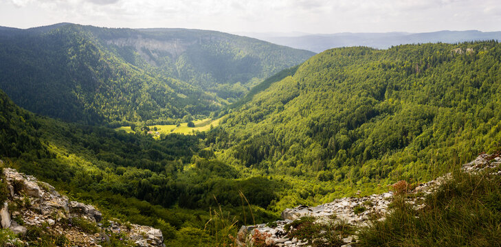 La combe d&rsquo;Orvaz et la Roche Fauconni&egrave;re vue depuis la cr&ecirc;te du cirque d&rsquo;Orvaz, Jura, Ain, Auvergne-Rh&ocirc;ne-Alpes, France