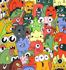 Kawaii draws smiling monsters for children's drawings, coloring books, books, t-shirts, clothes, textiles.