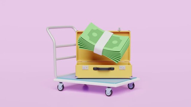 3d animation with warehouse trolley iconpile dollar banknote in yellow suitcase, platform trolley isolated on pink background. investment or business finance, loan concept, 3d render illustration