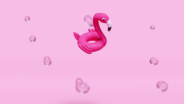 3d animation with pink Inflatable flamingo, water splash isolated on pink background. summer travel concept, 3d render illustration