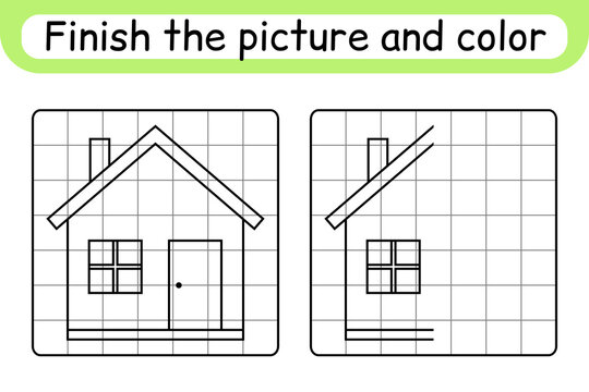 Complete the picture home. Copy the picture and color. Finish the image. Coloring book. Educational drawing exercise game for children