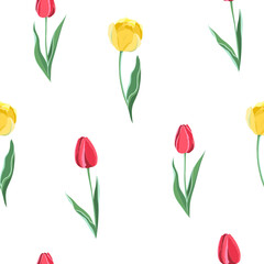 Obraz premium Vector seamless pattern with yellow and red tulips