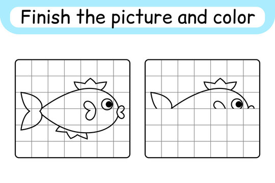 Complete the picture fish. Copy the picture and color. Finish the image. Coloring book. Educational drawing exercise game for children