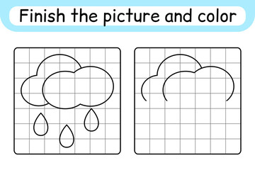 Complete the picture cloud. Copy the picture and color. Finish the image. Coloring book. Educational drawing exercise game for children