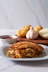 Potatoes pancakes latkes, flapjacks, hash brown. Traditional american breakfast