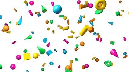 Colorful geometric objects on white background. 3DCG confetti illustration for background. 