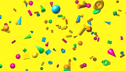 Colorful geometric objects on yellow background.
3DCG confetti illustration for background.
