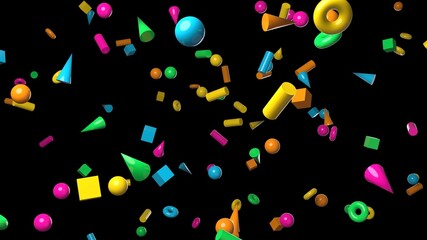 Colorful geometric objects on black background.
3DCG confetti illustration for background.

