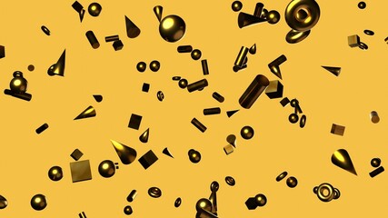 Gold geometric objects on beige background.
3DCG confetti illustration for background.
