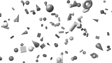 Fototapeta na wymiar Gray geometric objects on white background. 3DCG confetti illustration for background. 