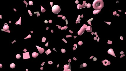 Pink geometric objects on black background.
3DCG confetti illustration for background.
