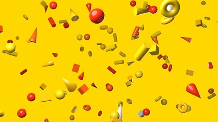 Yellow geometric objects on yellow background.
3DCG confetti illustration for background.
