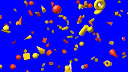 Yellow geometric objects on blue chroma key background.
3DCG confetti illustration for background.