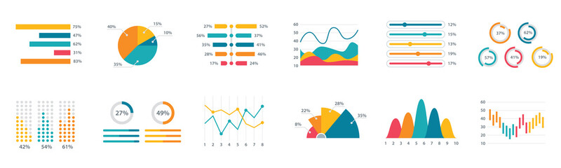 Financial charts, information data statistics, diagrams, financial information, market charts, business data graphs, data visualization design. Data charts in vector illustration. 