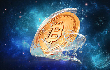 Gold coin Bitcoin levitates on a Galaxy background.3d rendering