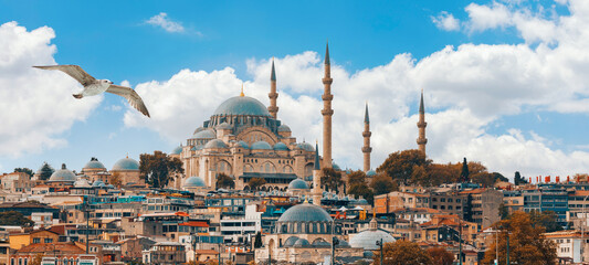 Beautiful view of gorgeous historical Suleymaniye Mosque, Rustem Pasa Mosque and buildings in a cloudy day. Istanbul most popular tourism destination of Turkey. Travel Turkey concept.
  - obrazy, fototapety, plakaty