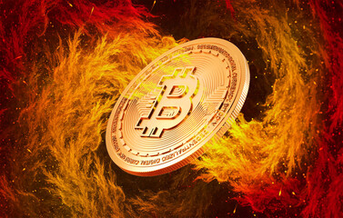 Bitcoin bit coin btc cryptocurrency money burning in flames and fire sparkles background.3d rendering