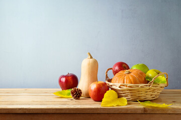 Obraz na płótnie Canvas Autumn season still life composition on wooden table. Thanksgiving holiday background