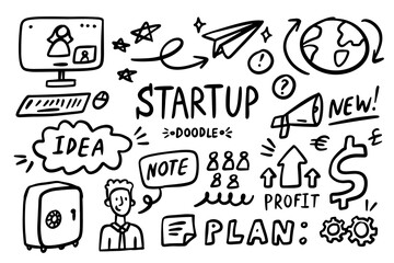 Startup doodle vector set. Sketch outline business strategy icons. Drawing element silhouette
