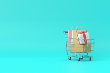 Shopping cart banner design. 3D rendering.