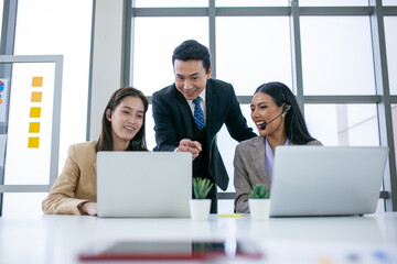 Supervisors teach work to employees in the office, Business concept.