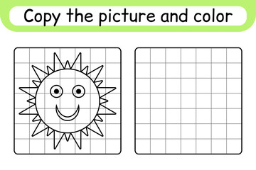 Copy the picture and color sun. Complete the picture. Finish the image. Coloring book. Educational drawing exercise game for children