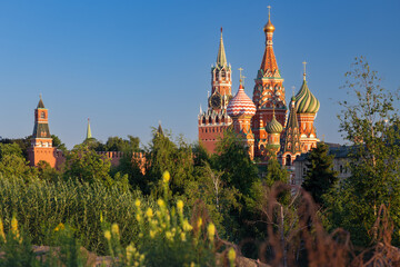St. Basil's Cathedral, Kremlin wall and towers above dense park foliage, Moscow, Russia