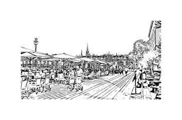 Building view with landmark of Nancy is the 
city in France. Hand drawn sketch illustration in vector.