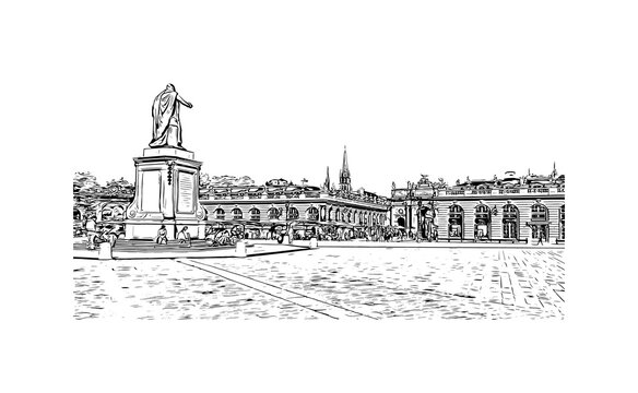 Building view with landmark of Nancy is the 
city in France. Hand drawn sketch illustration in vector.