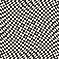 Checkered black and white seamless pattern with optical illusion effect. Simple abstract vector monochrome background. Modern distorted texture. Op art style. Funky repeat design for decor, print