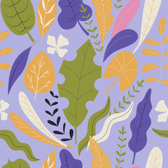 Fototapeta na wymiar Hand drawn seamless pattern with different leaves and plants in flat doodle style
