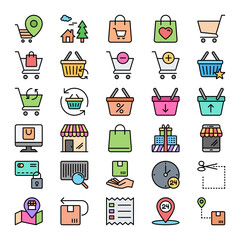 Filled outline icons for shopping and e-Commerce.