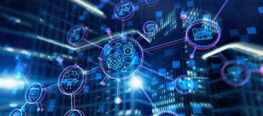 RPA. Robotic Process Automation on modern city abstract background