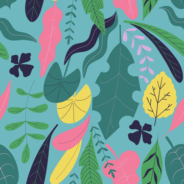 Hand drawn seamless pattern with colorful bright tropical leaves and plants in flat style
