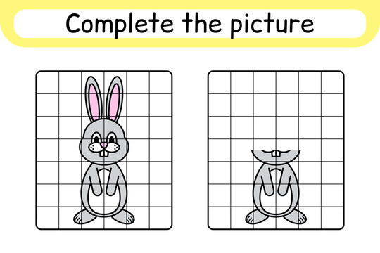 Complete the picture rabbit. Copy the picture and color. Finish the image. Coloring book. Educational drawing exercise game for children