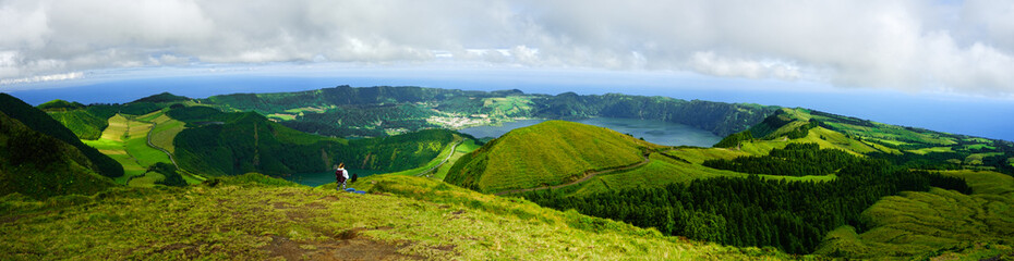 Fototapeta premium Miradouro da boca de inferno panoramic iconic view of Sete Cidades, Sao Miguel, Azores islands, Portugal