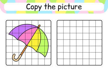 Copy the picture and color umbrella. Complete the picture. Finish the image. Coloring book. Educational drawing exercise game for children