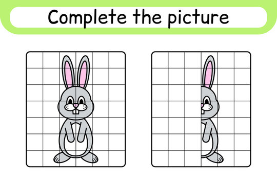 Complete the picture rabbit. Copy the picture and color. Finish the image. Coloring book. Educational drawing exercise game for children