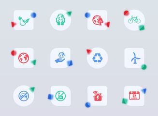 earth day glass morphism trendy style icons. earth day transparent glass color vector icon with color figures. for web and ui design, mobile apps and promo business advertising