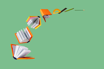 books in colored covers and school supplies are flying on a green background