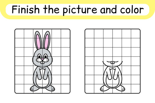 Complete the picture rabbit. Copy the picture and color. Finish the image. Coloring book. Educational drawing exercise game for children