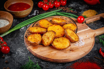 Grilled potatoes served on a wooden board, on a dark stone table with vegetables, cream and tomato sauce. Vegan Cuisine. Fast food restaurant, delivery service.