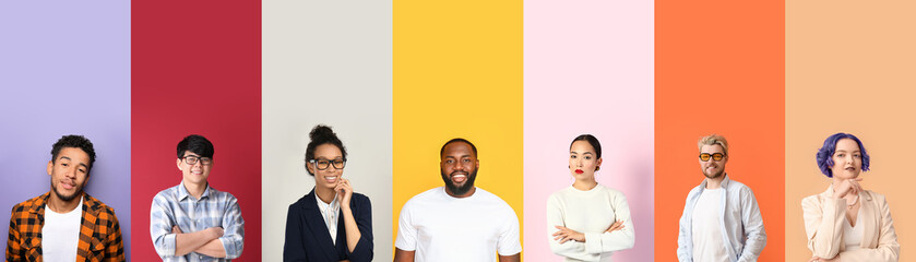 Collage of different people on color background
