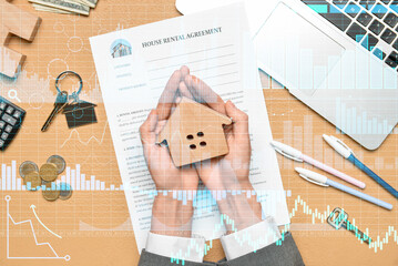 Double exposure of virtual screen with business diagrams, real estate agent with model of house and rental agreement at workplace