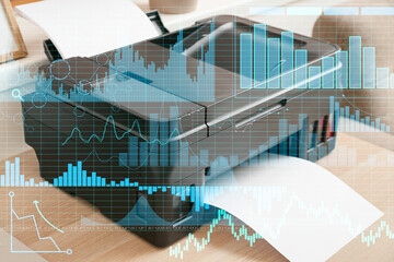 Double exposure of virtual screen with business diagrams and modern printer on table in office