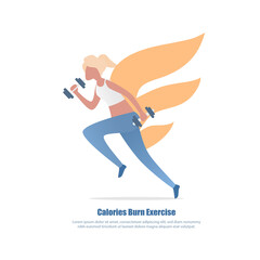 Fototapeta na wymiar Calories burned Exercise,Fit and strong woman in workout clothes is running and lifting dumbbells ,Burning energy surges from behind her,Vector illustration.