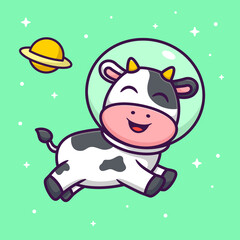 Cute Cow as Astronaut in Cartoon. Animal Vector Illustration. Flat Style Concept.