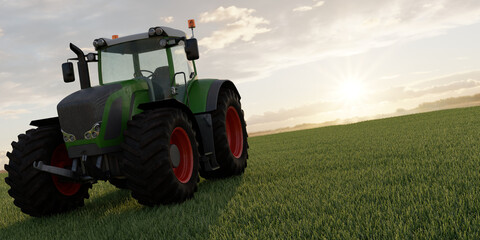 Tractor on the field, concept for advertising. 3D illustration.