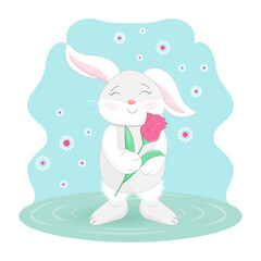 cute rabbit with a flower in his hands, beautiful illustration