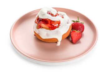 Plate of strawberry cinnamon roll with cream on white background